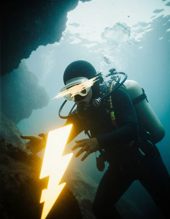 A Misty Analog Film Photo, Of A Diver Barely Visible Through...