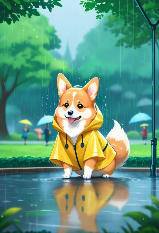 Animal, Corgi, Raincoat, Raining, Park, Digital Storybook Il...