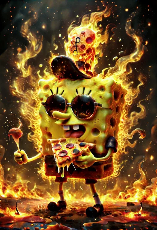 Detailed 3d, Spongebob Engulfed In Dynamic Fluid Flames, Art...