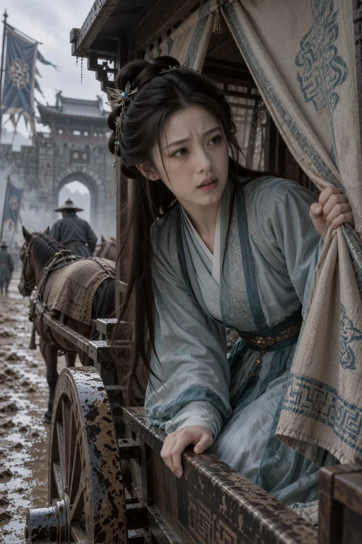 阴冷潮湿的城门外，一名年轻中国女子从沾有泥水的马车窗口探出上...