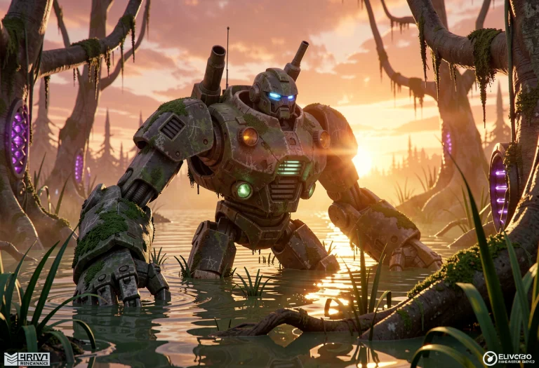 A Derelict Mech Half-sunk In An Alien Swamp, Cinema 4d Rende...