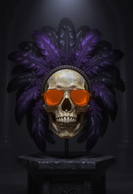 A Weathered Human Skull Wearing Bright Orange Reflective Sun...