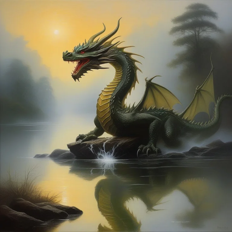 High Quality, Detailed, A River Dragon Rising Through Mornin...