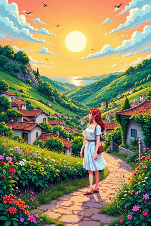 Portuguese Beautiful Anime Landscape, Early Morning, Woman,...