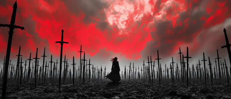 Bathed In A Haunting Crimson Glow, The Desolate Landscape Is...