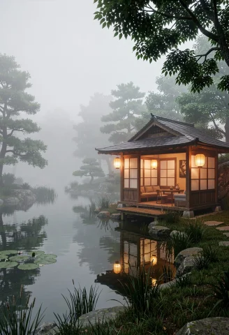 A Lantern-lit Teahouse Beside A Still Pond, Octane Render, F... — Stable Diffusion AI Prompt: a lantern-lit teahouse beside a still pond, octane render, foggy diffused light,...