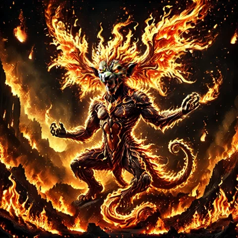 Score9, Score8up, Score7up, Sourceanime, Flame Style, A Terr... — SDXL AI Prompt: score_9, score_8_up, score_7_up, source_anime, flame style, a terrifying mantico...