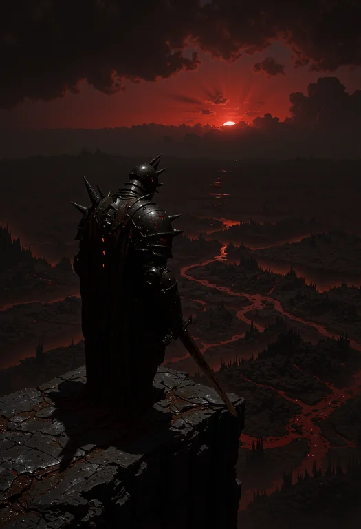 A Lone Knight, Clad In Black Spiked Armor, Stands On A Cliff...