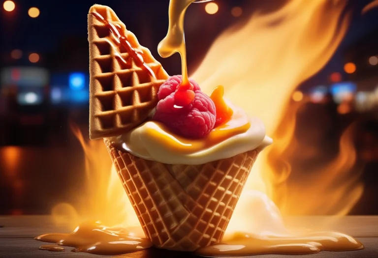 A Dripping Scoop Of Gelato In A Waffle Cone, Firelight, Dyna...