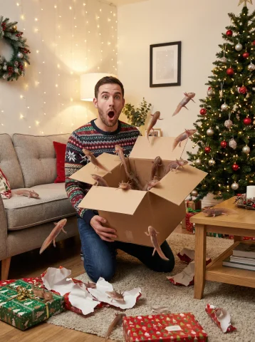 Realistic Photo Of An Excited Man At Christmas In His Living... — Stable Diffusion AI Prompt: realistic photo of an excited man at Christmas in his living room opening a Chri...