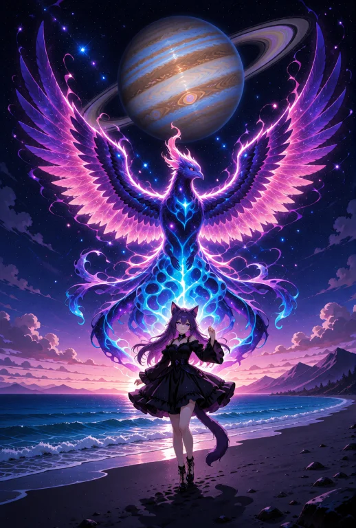 A Catgirl With Long Purple Hair And Animal Ears, Standing In...