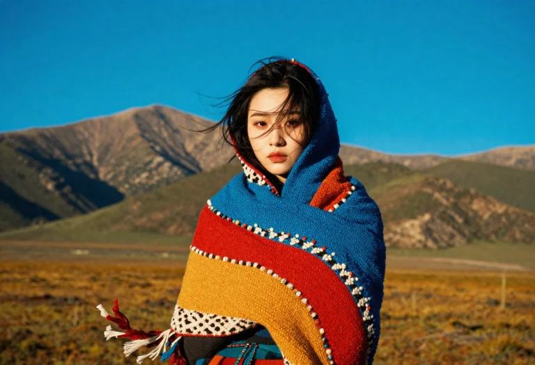 A Nomad Wrapped Against A Mountain Wind, Vibrant Saturated C...