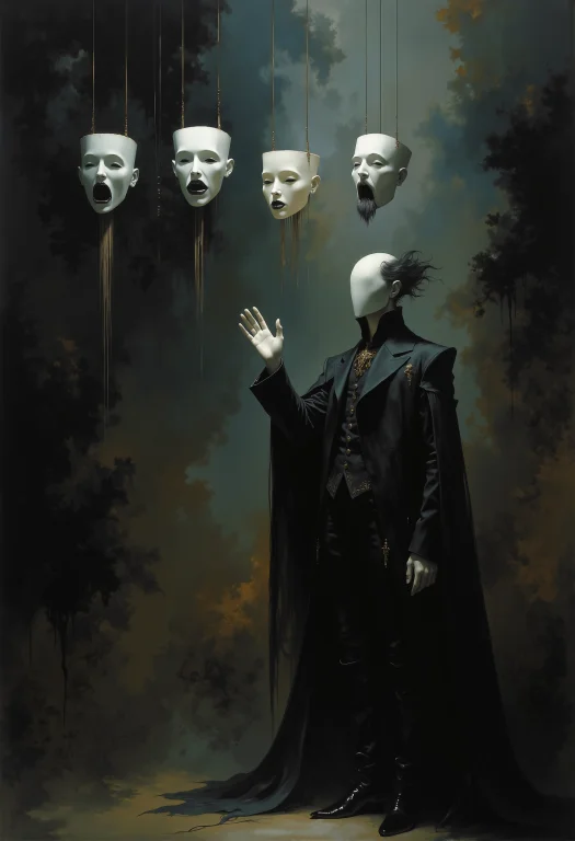 A Surreal Scene In A Dark, Minimalist Setting. A Faceless Fi...
