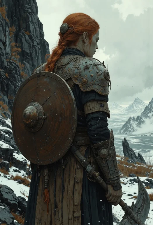 A Viking Woman With A Long Red Braid Stands With Her Back To...