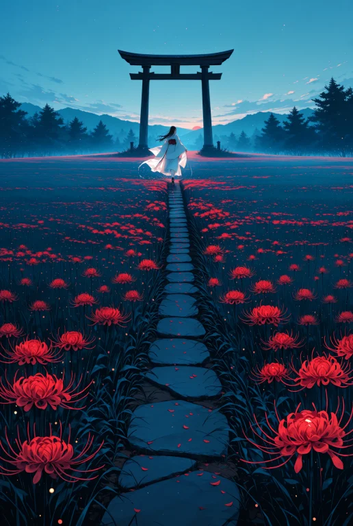 A Narrow Stone Path Through A Field Of Blood-red Spider Lili...