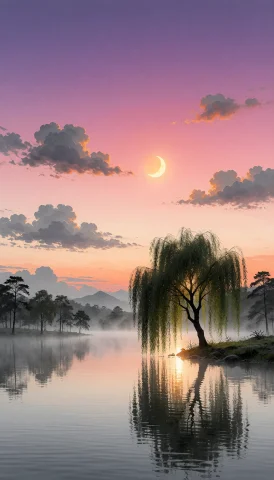 Surreal Digital Lake Painting — Stable Diffusion AI Prompt: A digital surrealistic illustration depicting a tranquil landscape at sunrise ov...