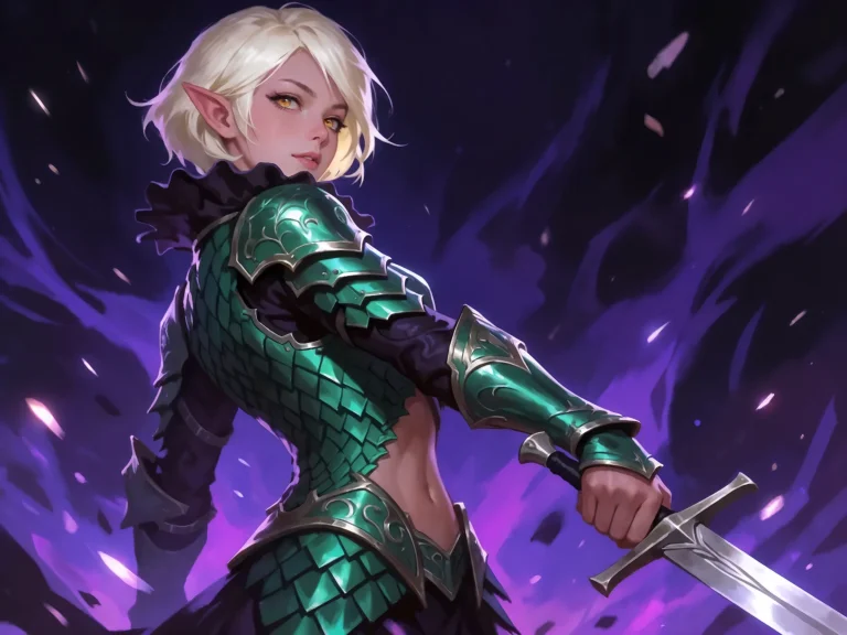 Blonde Elf Woman In Green Scale Armor Holding Sword Purple E...