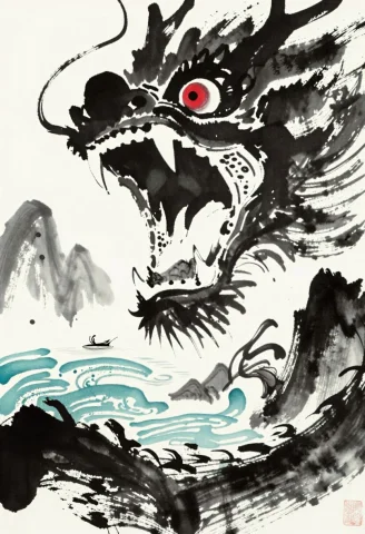 Ink Style, Zydink, Open Mouth, Red Eyes, Outdoors, Teeth, Cl... — Stable Diffusion AI Prompt: ink style, zydink, open mouth, red eyes, outdoors, teeth, cloud, water, no human...