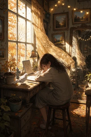 Stunning Girl Sketching Prompt — Stable Diffusion AI Prompt: masterpiece, best quality, exciplit, A girl sits alone on an old, wooden stool b...