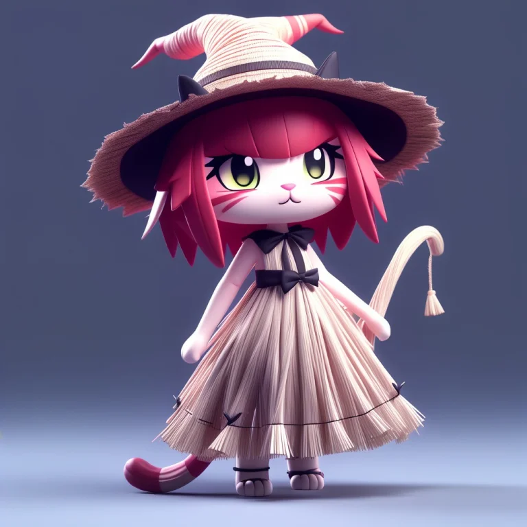 A 3d Chibi Anime Red Hair Cat Girl Wear Straw Witch Dresses...