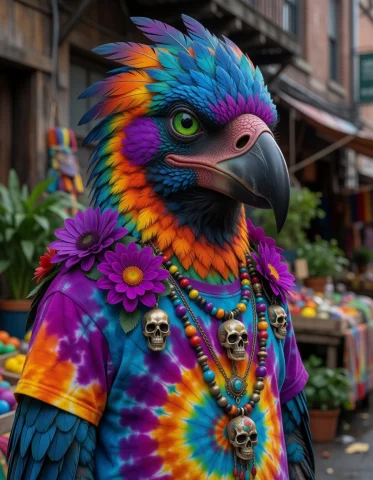 Colorful Anthropomorphic Bird Art — Stable Diffusion AI Prompt: This is a highly detailed digital artwork depicting a colorful, anthropomorphic...