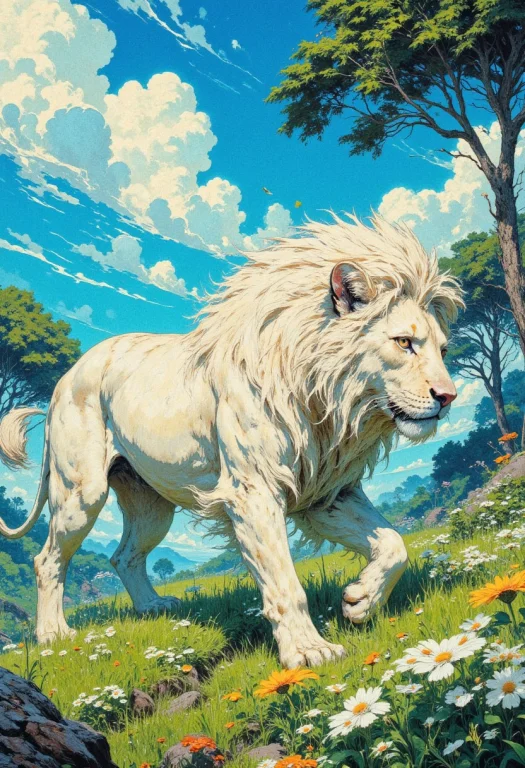 Soft Bloom A Majestic White Lion Walking Gracefully Through...