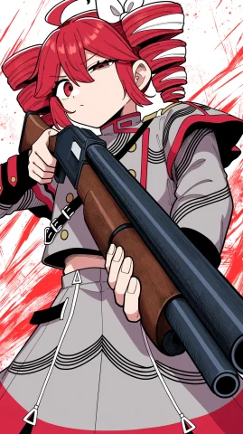 Masterpiece Kasane Teto Gun — Stable Diffusion AI Prompt: masterpiece, best quality, 1girl, kasane teto \(sv\), utau, red eyes, hair betwe...