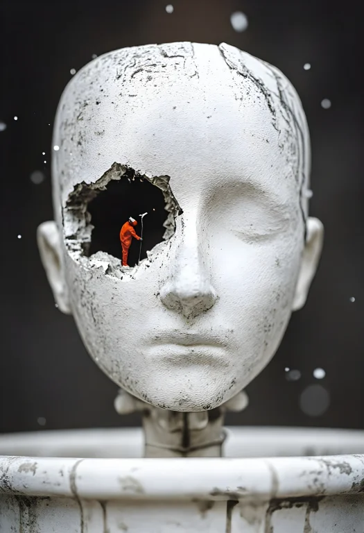 Stone Statue Face, Monochrome, Hollow Hole In Broken Face, S...