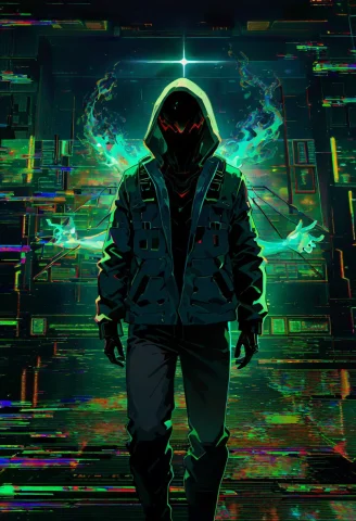 1 Hologram Spirit, Ambiguous Gender, Jacket, Hood, Hidden Fa... — Stable Diffusion AI Prompt: 1 hologram spirit, ambiguous gender, jacket, hood, hidden face, glitch, floating...