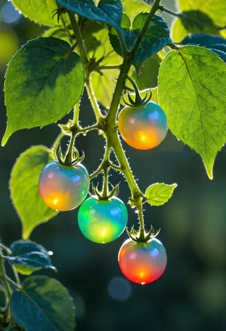 A Delicate Cluster Of Cherry-tomatoe Hanging From Stem Made... — SDXL AI Prompt: a delicate cluster of (cherry-tomatoe) (hanging from stem) (made of opal: 1.59),...
