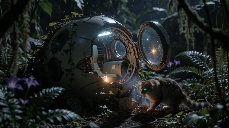 A Small, Cracked-open Escape Pod Half-buried In An Alien Jun...