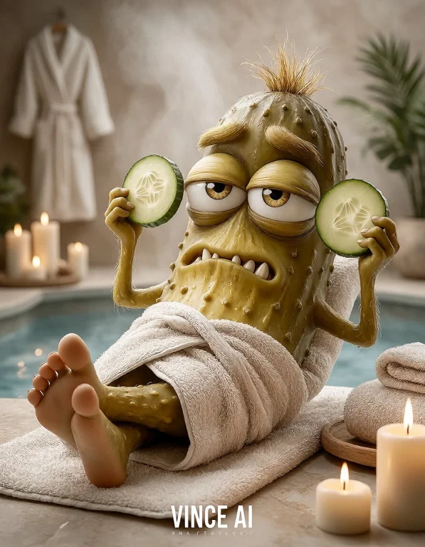 Cornichonator Relaxing In A Luxurious Spa, His Large Pickle...