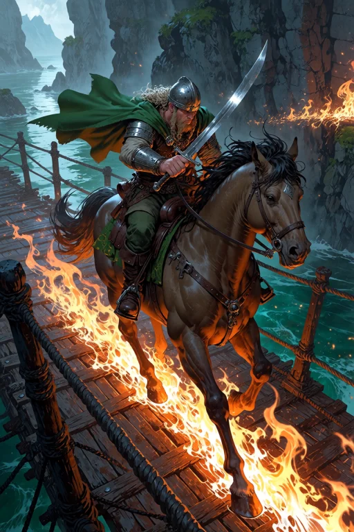 , Viking Riding A Horse Across A Burning Bridge Over A Chasm...