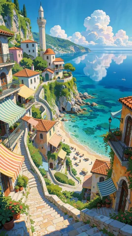 Supergroundview, A Sun-drenched Coastal Town Cascades Down T... — Stable Diffusion AI Prompt: supergroundview, A sun-drenched coastal town cascades down terraced stone steps...