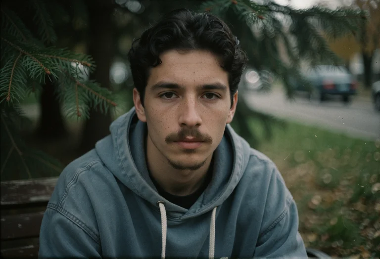 Young Hispanic Male Sits Facing Camera With Thin Straight Mu...