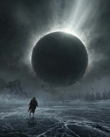 Breathtaking Cinematic Landscape In A Sunless World. A Massi... — Stable Diffusion AI Prompt: Breathtaking cinematic landscape in a sunless world. A massive black eclipse in...