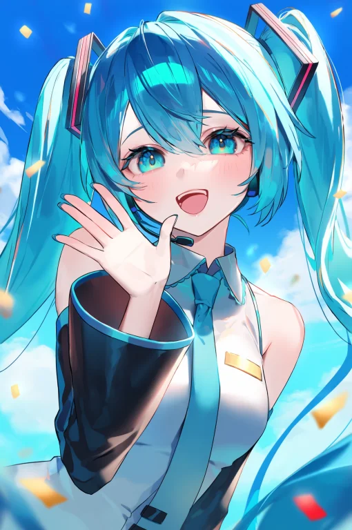 Hatsune Miku, 1girl, Twintails, Dynamic Pose, Waving, Blue S...