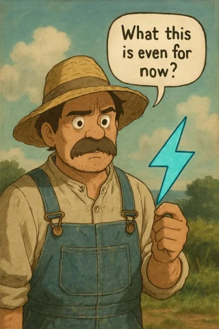 A Farmer Man With Overalls And Straw Hat Holding A Blue Wit... — Stable Diffusion AI Prompt: A farmer man with overalls and straw hat holding a blue ⚡ with a confused stare...