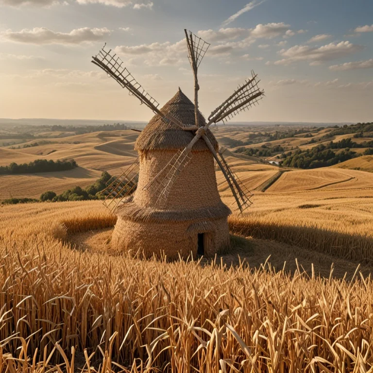 A Traditional Windmill Constructed Entirely From Woven Straw...