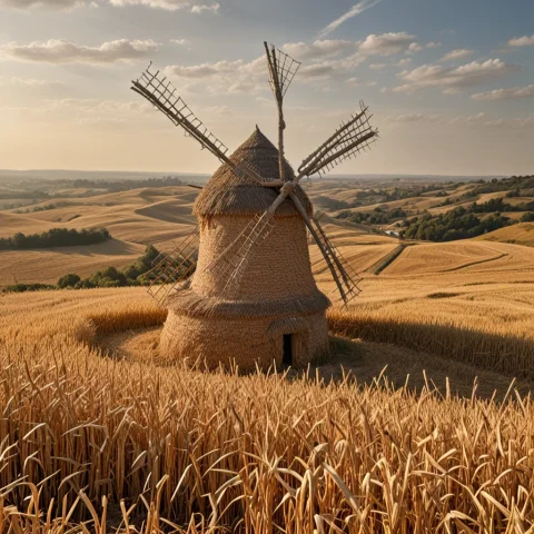 A Traditional Windmill Constructed Entirely From Woven Straw... — SDXL AI Prompt: A traditional windmill constructed entirely from woven straw thread and bound st...