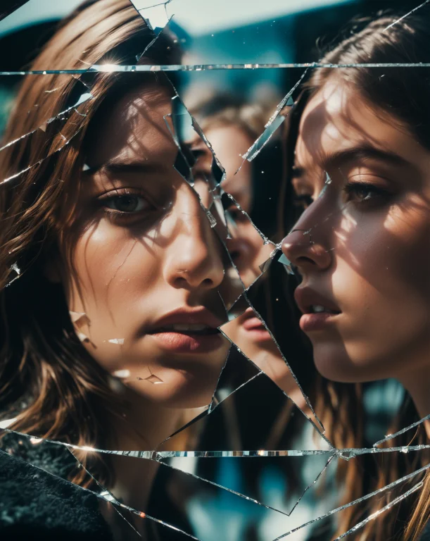 Shattered Mirror, Reflect, Girls Face, Cinematic Shot  Dynam...