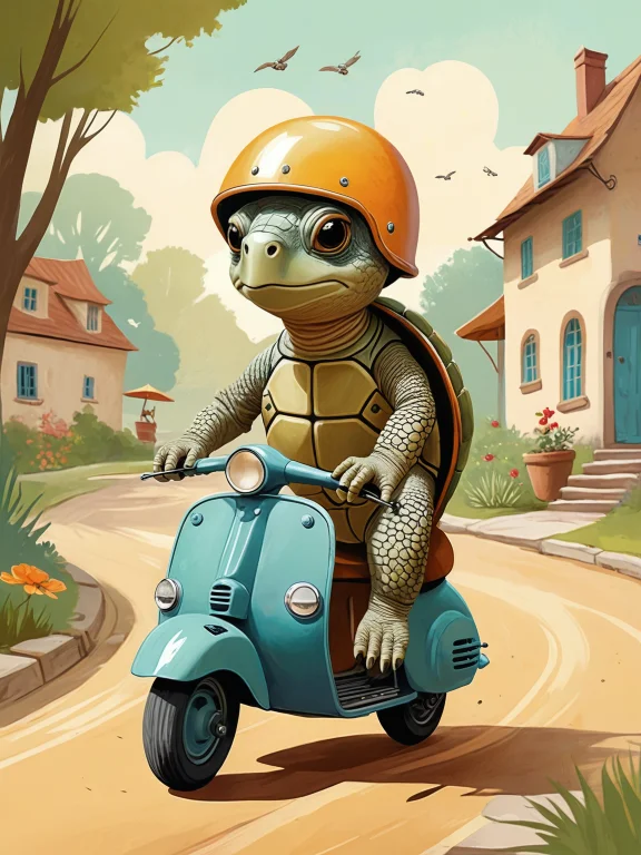Turtle Riding Vintage Scooter With Wearing Helmet , Illustra...