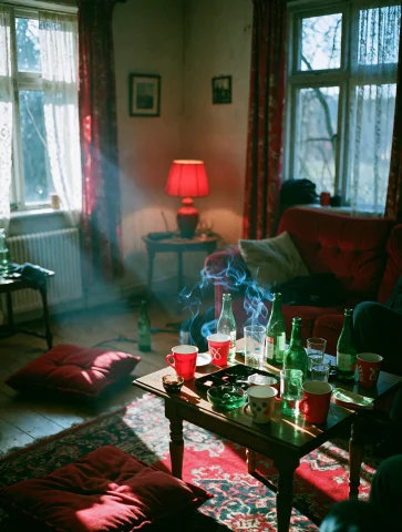 Grin35, Empty Living Room After A Crowded House Party, Aband... — Stable Diffusion AI Prompt: gr@in35, empty living room after a crowded house party, abandoned cups and bottl...