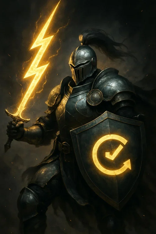 A Fantasy Knight Holding A Glowing Sword Shaped Like A Yello...