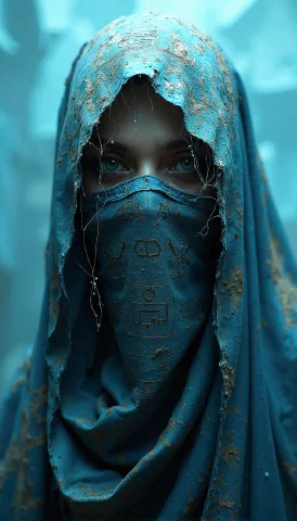 An Ancient, Cloaked Female Figure With Piercing Eyes, Face C... — FLUX AI Prompt: an ancient, cloaked female figure with piercing eyes, face covered in dust and d...