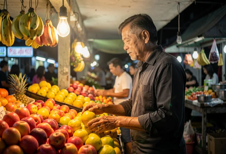 A Market Vendor Arranging Bright Fruit At A Stall, Portrait...