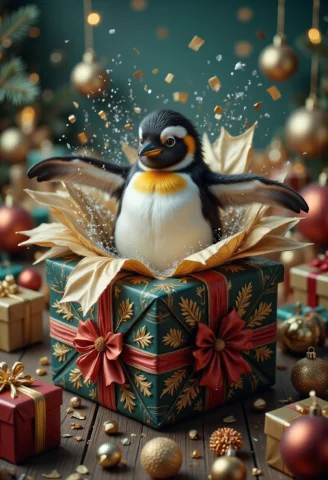 Analog Film Photo Photograph Of A Majestic Penguin Breaking... — FLUX AI Prompt: analog film photo photograph of a majestic penguin breaking free from a intricat...