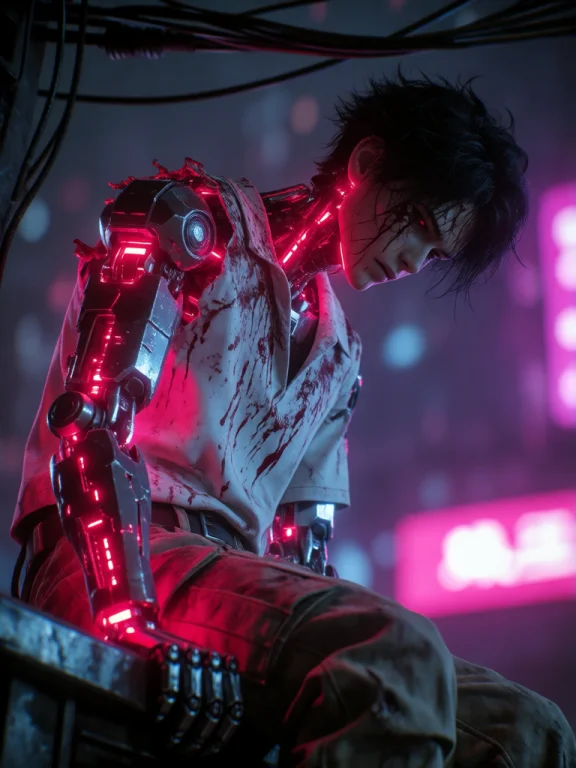 A Dark, Futuristic Scene Featuring A Male Cyborg With A Dama...