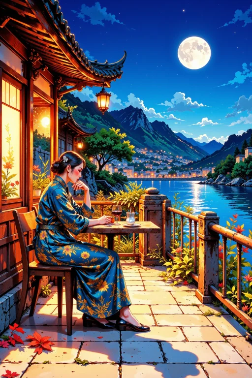 Cafe Beautiful Landscape, Evening, Woman, Very Intricate, Ve...