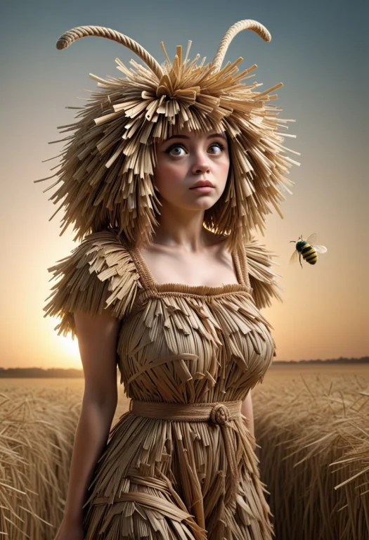 Photorealistic Surreal Scene, Young Woman Guin As A Straw Cr...